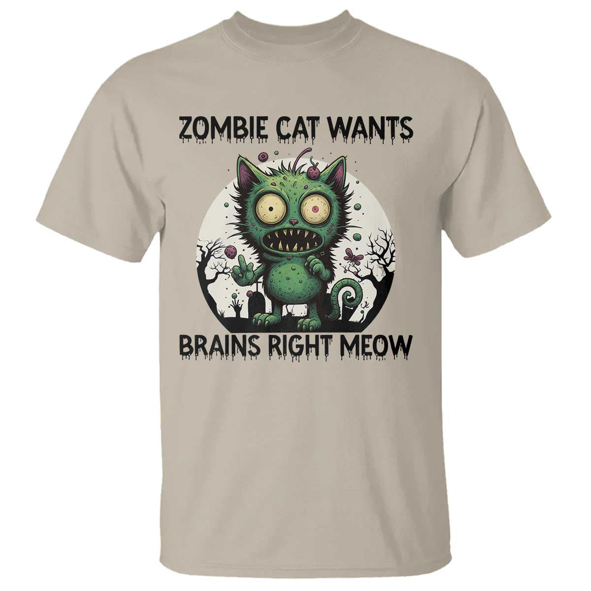 Funny Zombie Cat Wants Brains Right Meow T Shirt Halloween Zombie Kitten - Wonder Print Shop