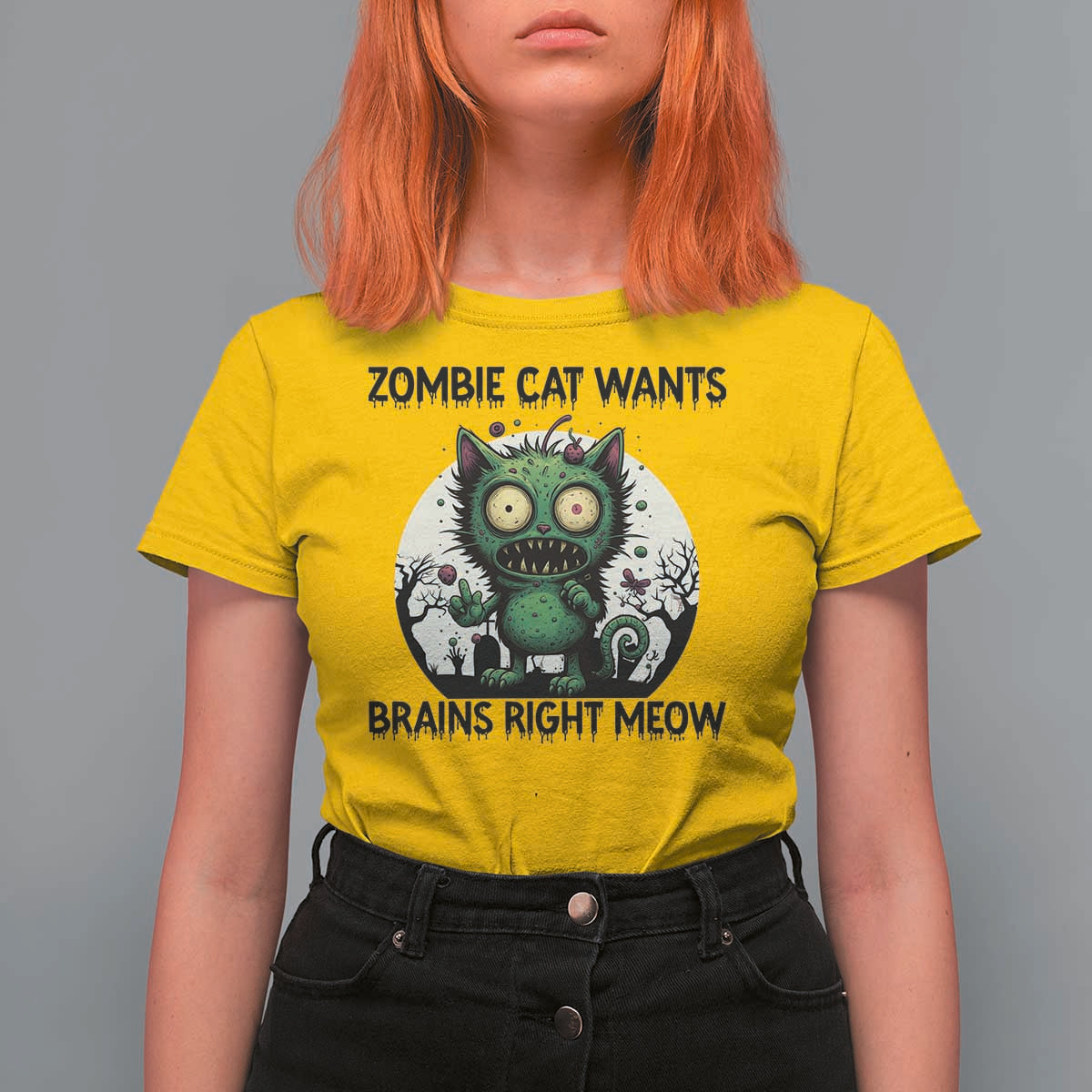 Funny Zombie Cat Wants Brains Right Meow T Shirt For Women Halloween Zombie Kitten - Wonder Print Shop