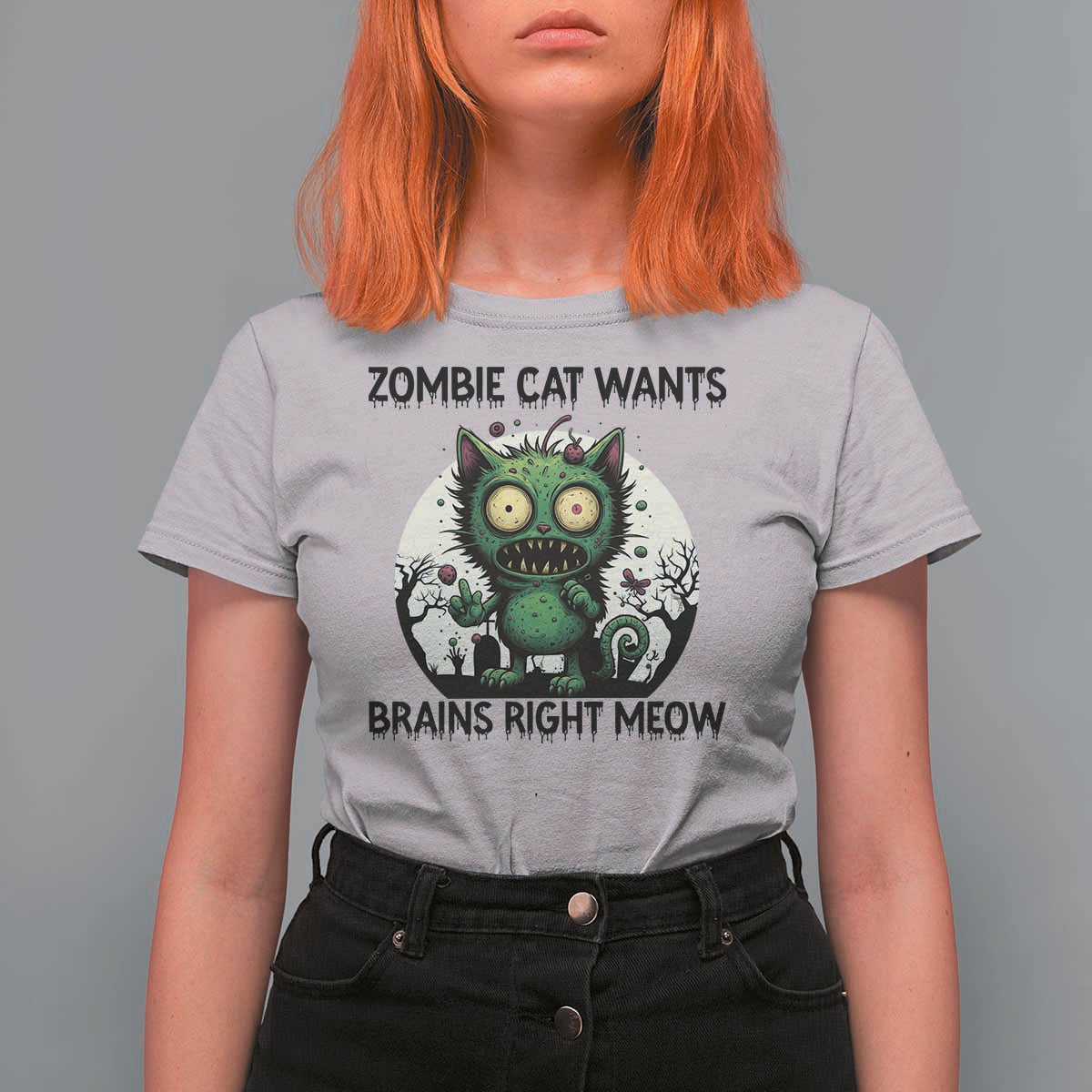 Funny Zombie Cat Wants Brains Right Meow T Shirt For Women Halloween Zombie Kitten - Wonder Print Shop