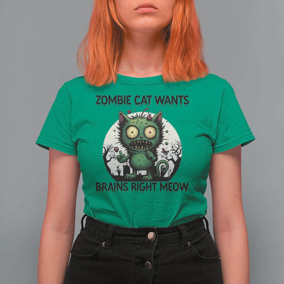 Funny Zombie Cat Wants Brains Right Meow T Shirt For Women Halloween Zombie Kitten - Wonder Print Shop