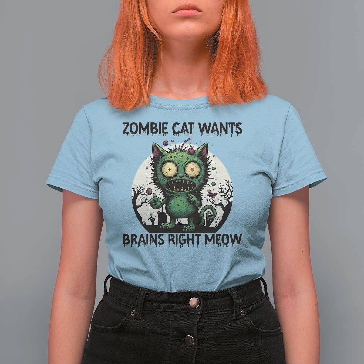 Funny Zombie Cat Wants Brains Right Meow T Shirt For Women Halloween Zombie Kitten - Wonder Print Shop