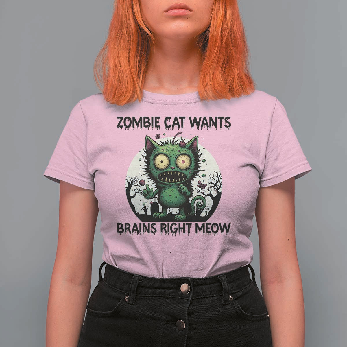 Funny Zombie Cat Wants Brains Right Meow T Shirt For Women Halloween Zombie Kitten - Wonder Print Shop