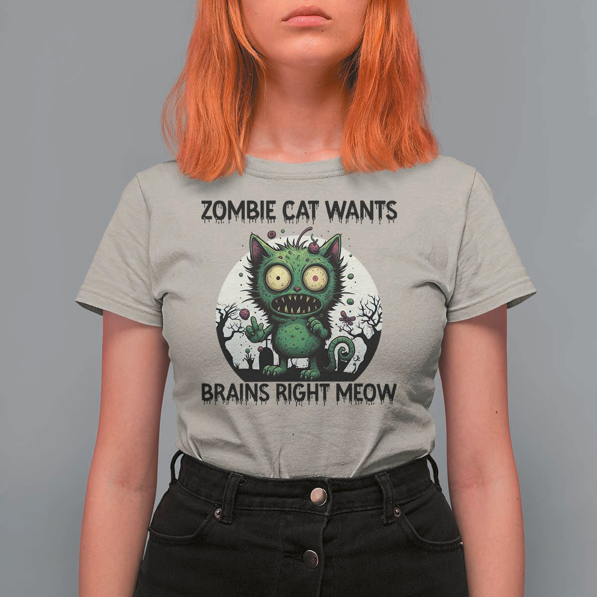 Funny Zombie Cat Wants Brains Right Meow T Shirt For Women Halloween Zombie Kitten - Wonder Print Shop
