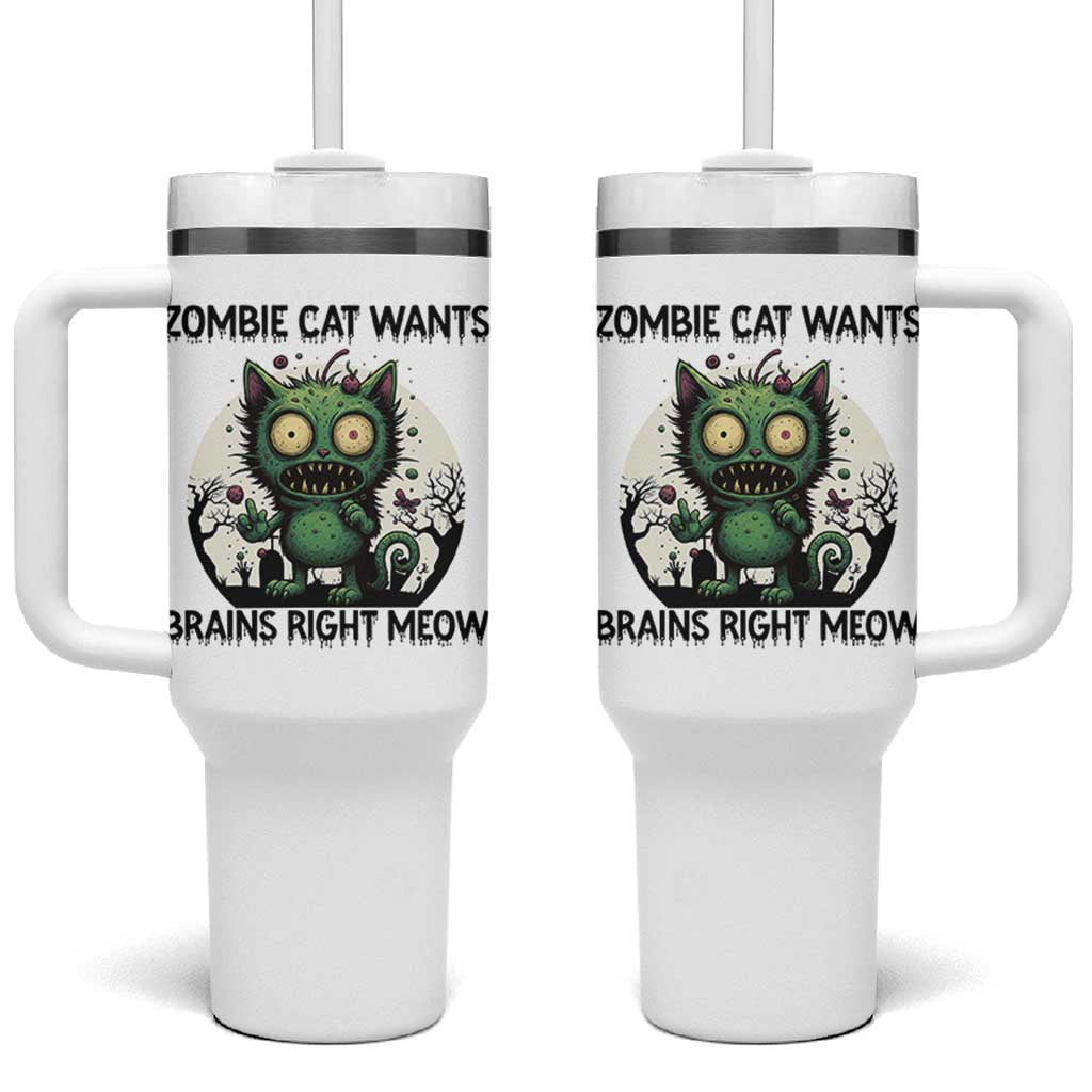Funny Zombie Cat Wants Brains Right Meow Tumbler With Handle Halloween Zombie Kitten