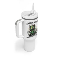 Funny Zombie Cat Wants Brains Right Meow Tumbler With Handle Halloween Zombie Kitten