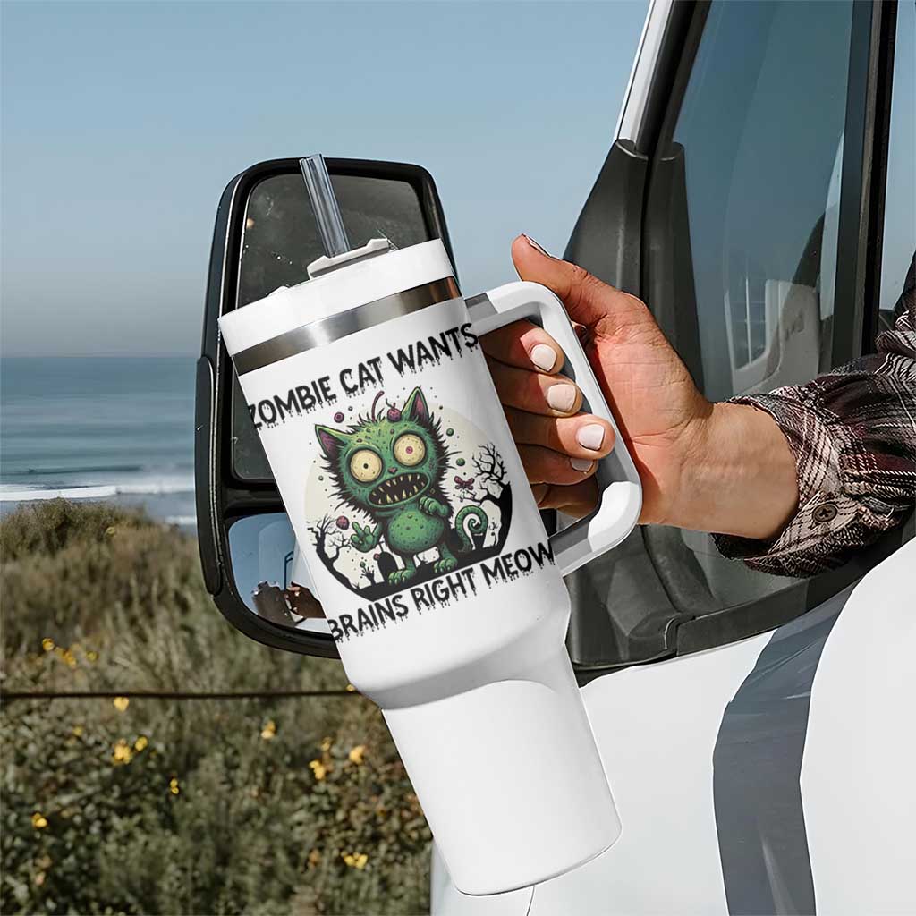 Funny Zombie Cat Wants Brains Right Meow Tumbler With Handle Halloween Zombie Kitten