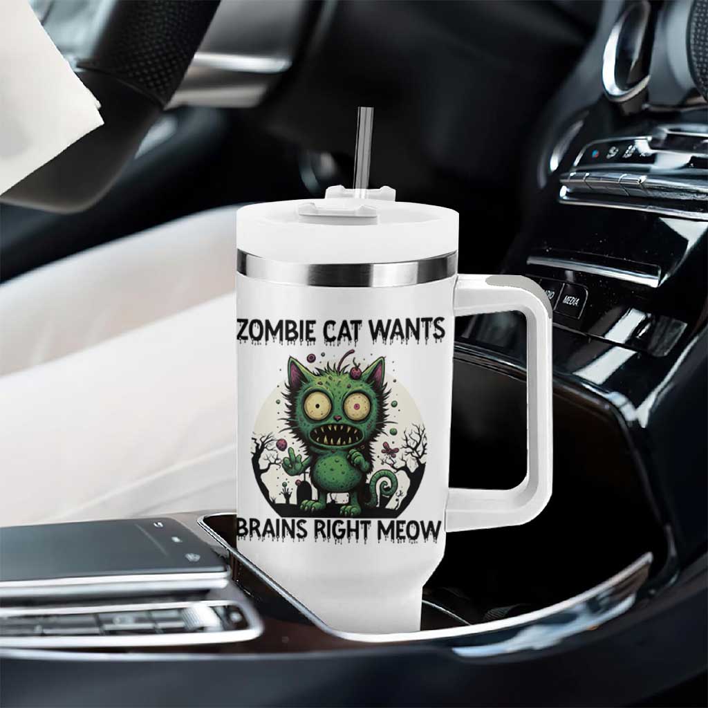 Funny Zombie Cat Wants Brains Right Meow Tumbler With Handle Halloween Zombie Kitten