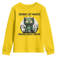 Funny Zombie Cat Wants Brains Right Meow Youth Sweatshirt Halloween Zombie Kitten - Wonder Print Shop