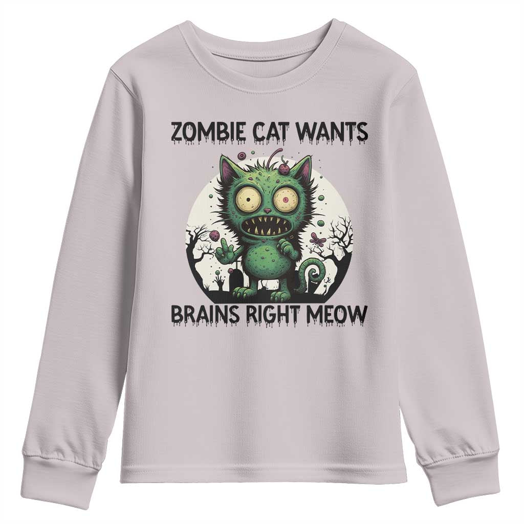 Funny Zombie Cat Wants Brains Right Meow Youth Sweatshirt Halloween Zombie Kitten - Wonder Print Shop