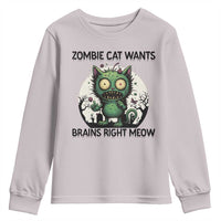 Funny Zombie Cat Wants Brains Right Meow Youth Sweatshirt Halloween Zombie Kitten - Wonder Print Shop