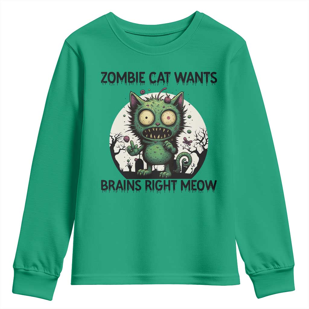 Funny Zombie Cat Wants Brains Right Meow Youth Sweatshirt Halloween Zombie Kitten - Wonder Print Shop