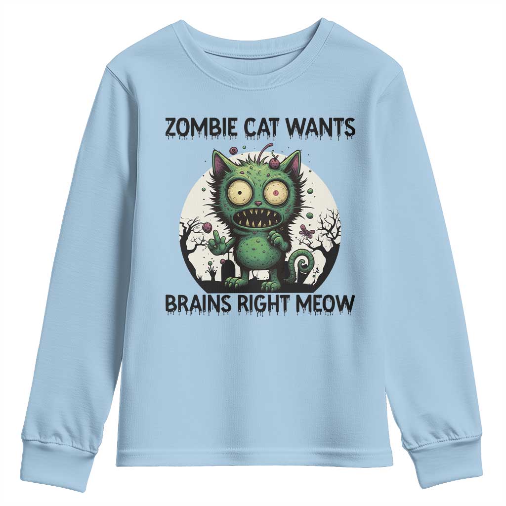 Funny Zombie Cat Wants Brains Right Meow Youth Sweatshirt Halloween Zombie Kitten - Wonder Print Shop