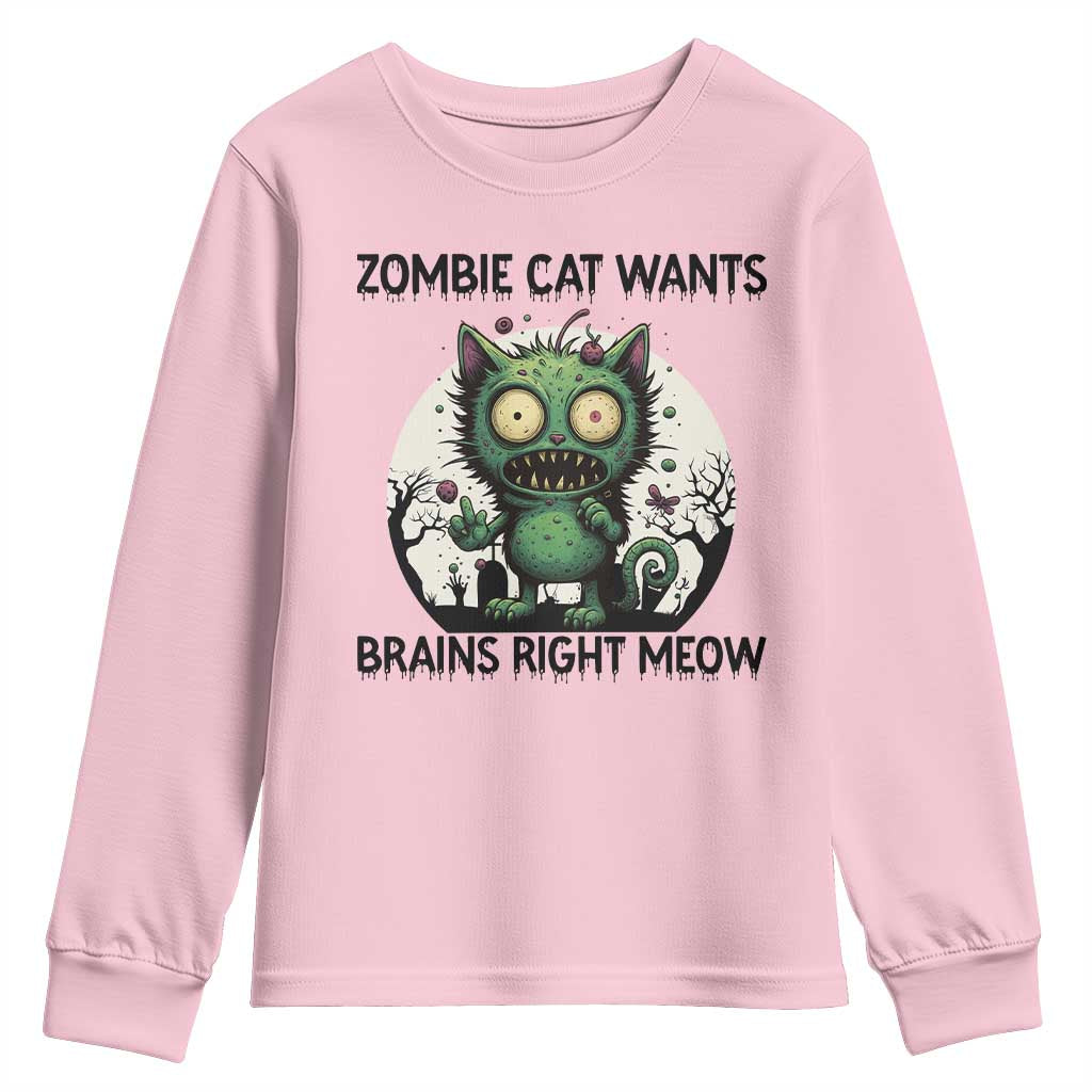 Funny Zombie Cat Wants Brains Right Meow Youth Sweatshirt Halloween Zombie Kitten - Wonder Print Shop