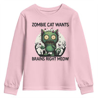 Funny Zombie Cat Wants Brains Right Meow Youth Sweatshirt Halloween Zombie Kitten - Wonder Print Shop