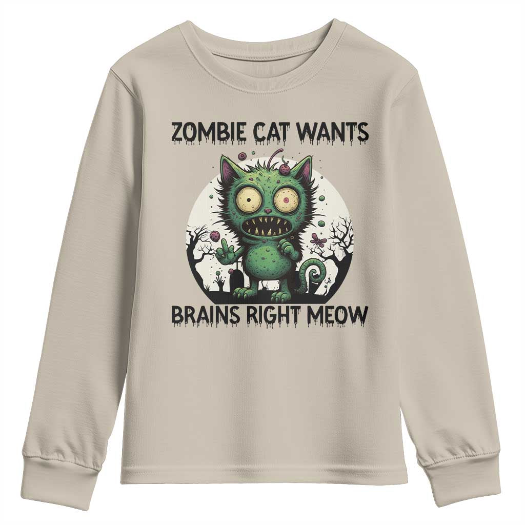 Funny Zombie Cat Wants Brains Right Meow Youth Sweatshirt Halloween Zombie Kitten - Wonder Print Shop