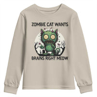 Funny Zombie Cat Wants Brains Right Meow Youth Sweatshirt Halloween Zombie Kitten - Wonder Print Shop
