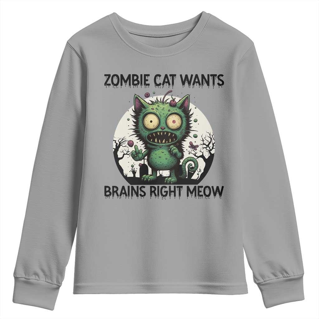 Funny Zombie Cat Wants Brains Right Meow Youth Sweatshirt Halloween Zombie Kitten - Wonder Print Shop
