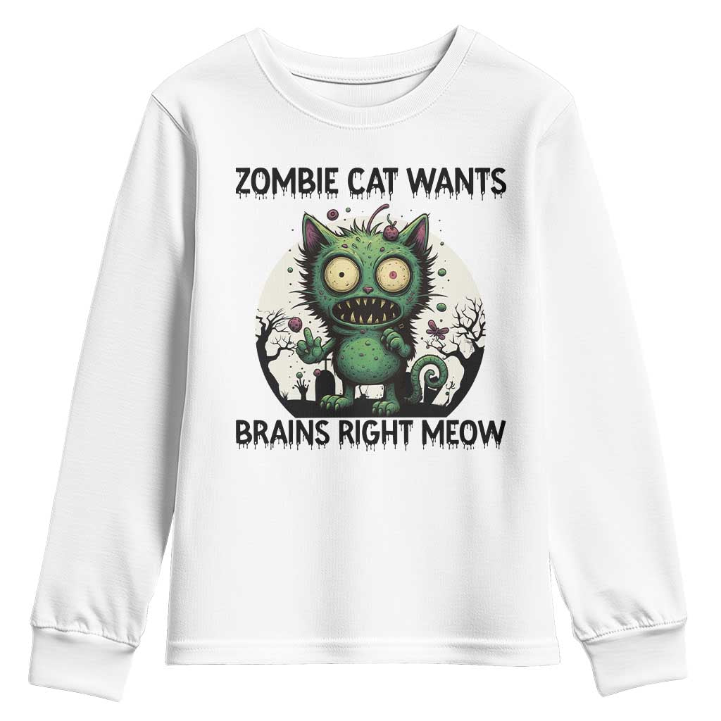 Funny Zombie Cat Wants Brains Right Meow Youth Sweatshirt Halloween Zombie Kitten - Wonder Print Shop