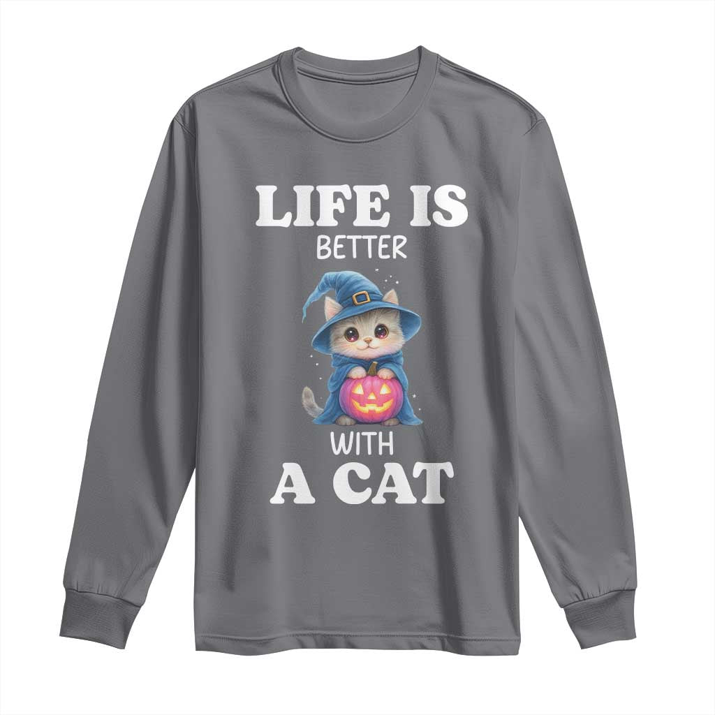 Halloween Kitty Long Sleeve Shirt Cute Life Is Better With A Cat - Wonder Print Shop