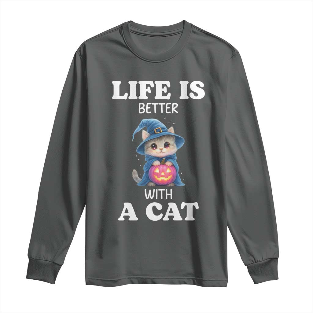 Halloween Kitty Long Sleeve Shirt Cute Life Is Better With A Cat - Wonder Print Shop