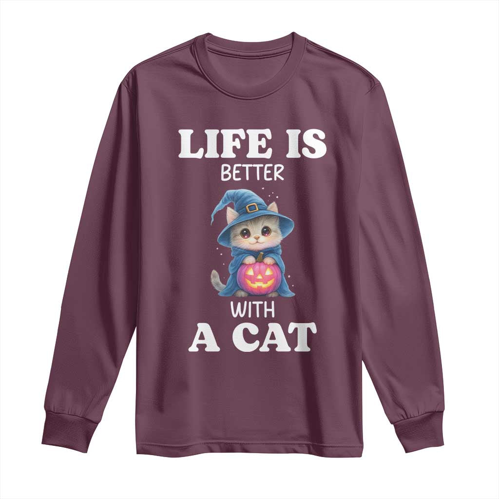 Halloween Kitty Long Sleeve Shirt Cute Life Is Better With A Cat - Wonder Print Shop