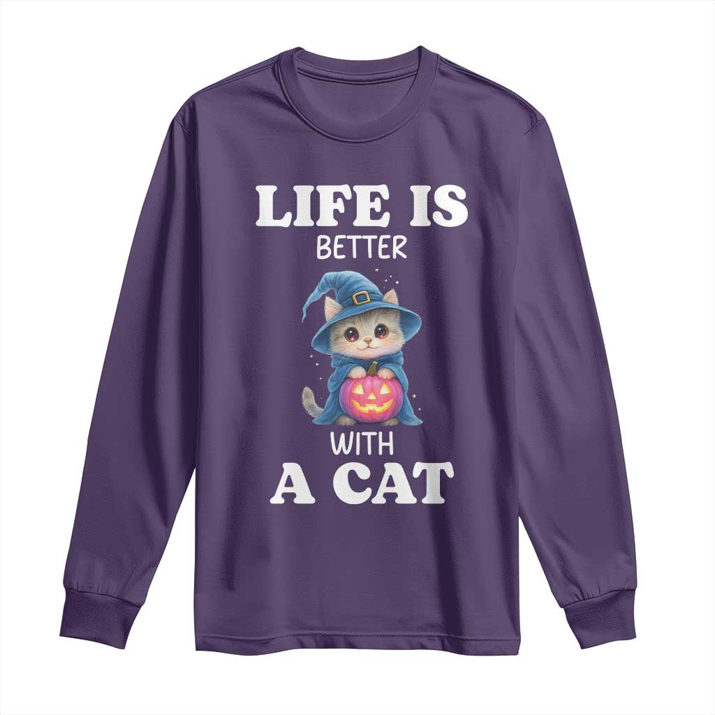 Halloween Kitty Long Sleeve Shirt Cute Life Is Better With A Cat - Wonder Print Shop