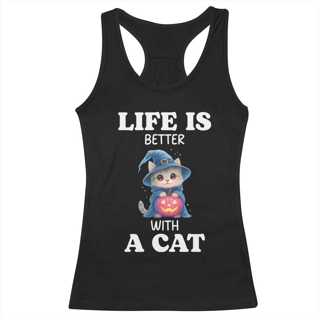 Halloween Kitty Racerback Tank Top Cute Life Is Better With A Cat - Wonder Print Shop