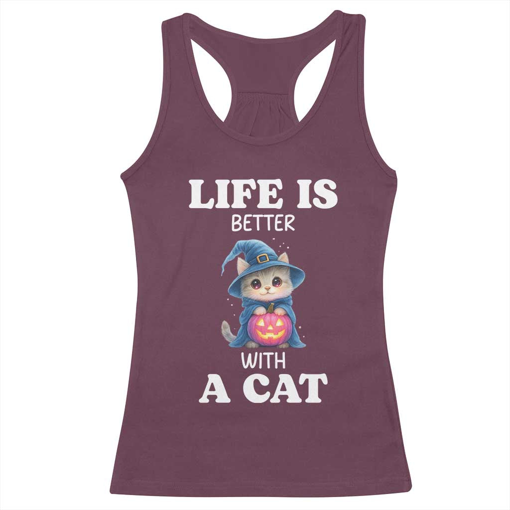Halloween Kitty Racerback Tank Top Cute Life Is Better With A Cat - Wonder Print Shop
