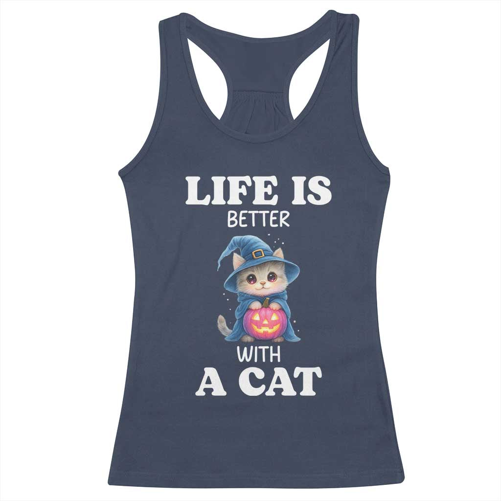Halloween Kitty Racerback Tank Top Cute Life Is Better With A Cat - Wonder Print Shop