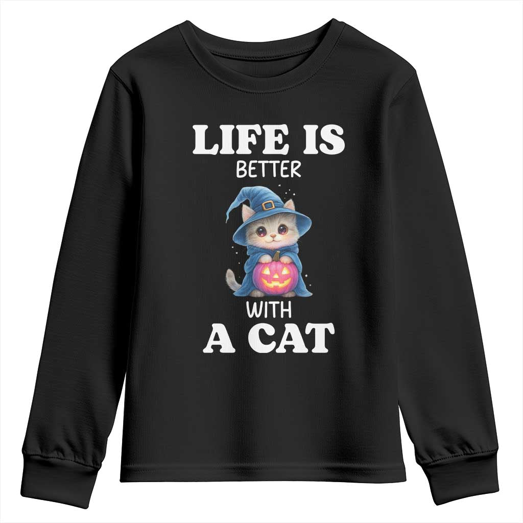 Halloween Kitty Youth Sweatshirt Cute Life Is Better With A Cat - Wonder Print Shop