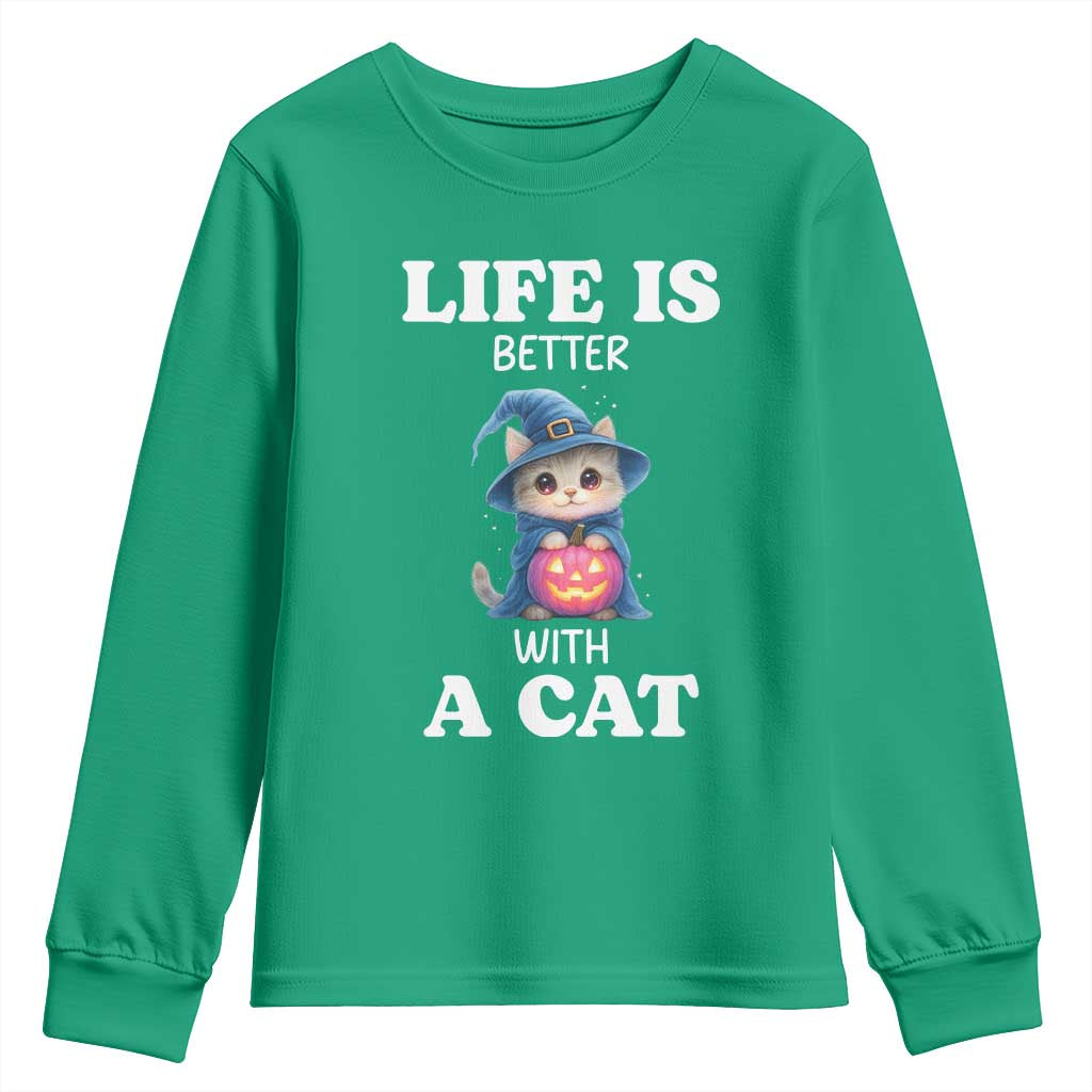 Halloween Kitty Youth Sweatshirt Cute Life Is Better With A Cat - Wonder Print Shop