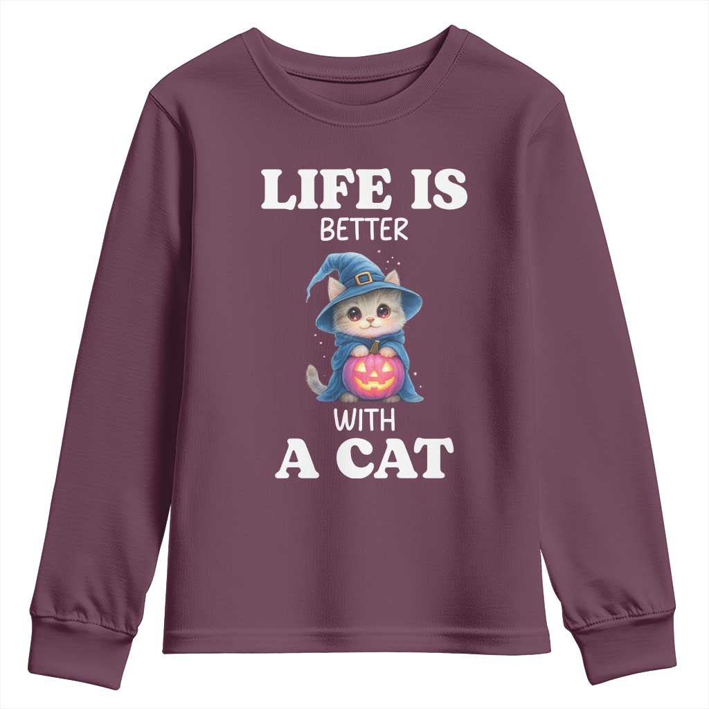Halloween Kitty Youth Sweatshirt Cute Life Is Better With A Cat - Wonder Print Shop