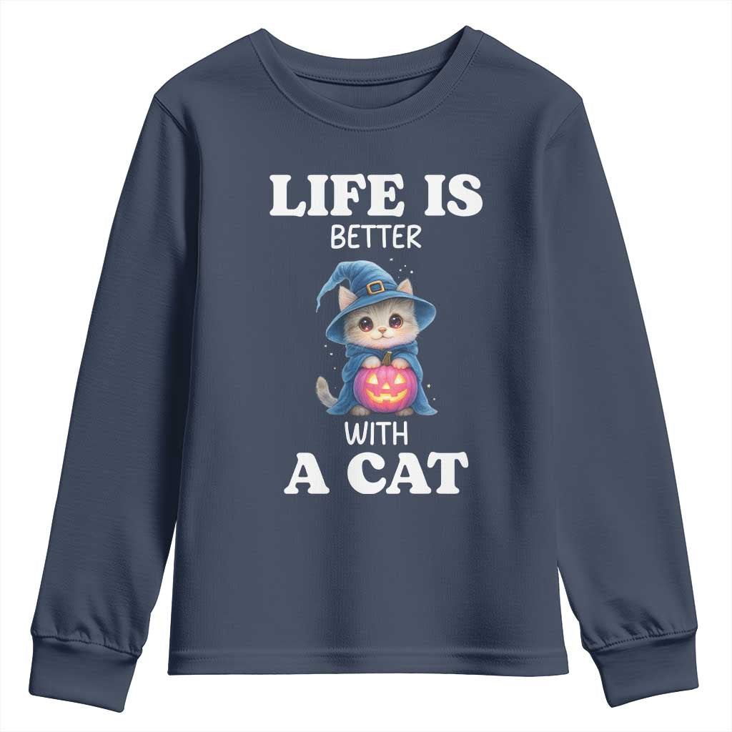 Halloween Kitty Youth Sweatshirt Cute Life Is Better With A Cat - Wonder Print Shop