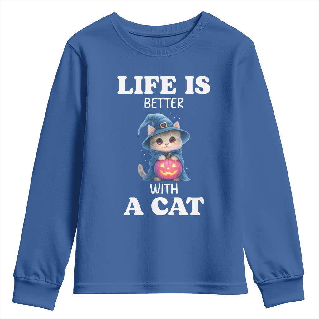 Halloween Kitty Youth Sweatshirt Cute Life Is Better With A Cat - Wonder Print Shop