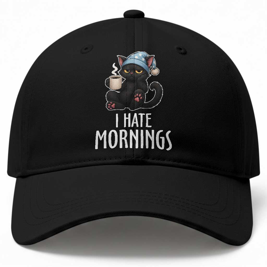 Funny I Hate Mornings Baseball Cap Cute Lazy Cat Drink Coffee