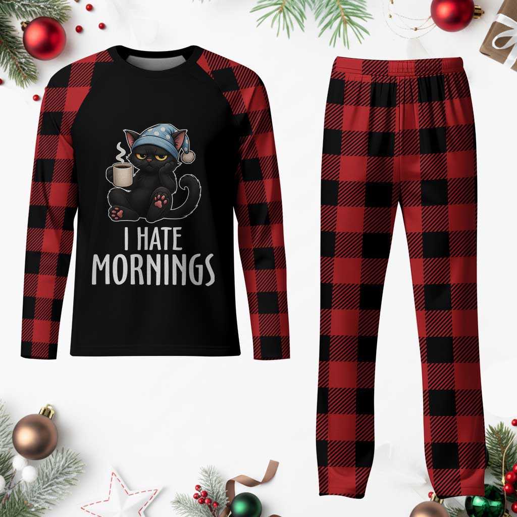 Funny I Hate Mornings Plaid Pajama Set Cute Lazy Cat Drink Coffee - Wonder Print Shop