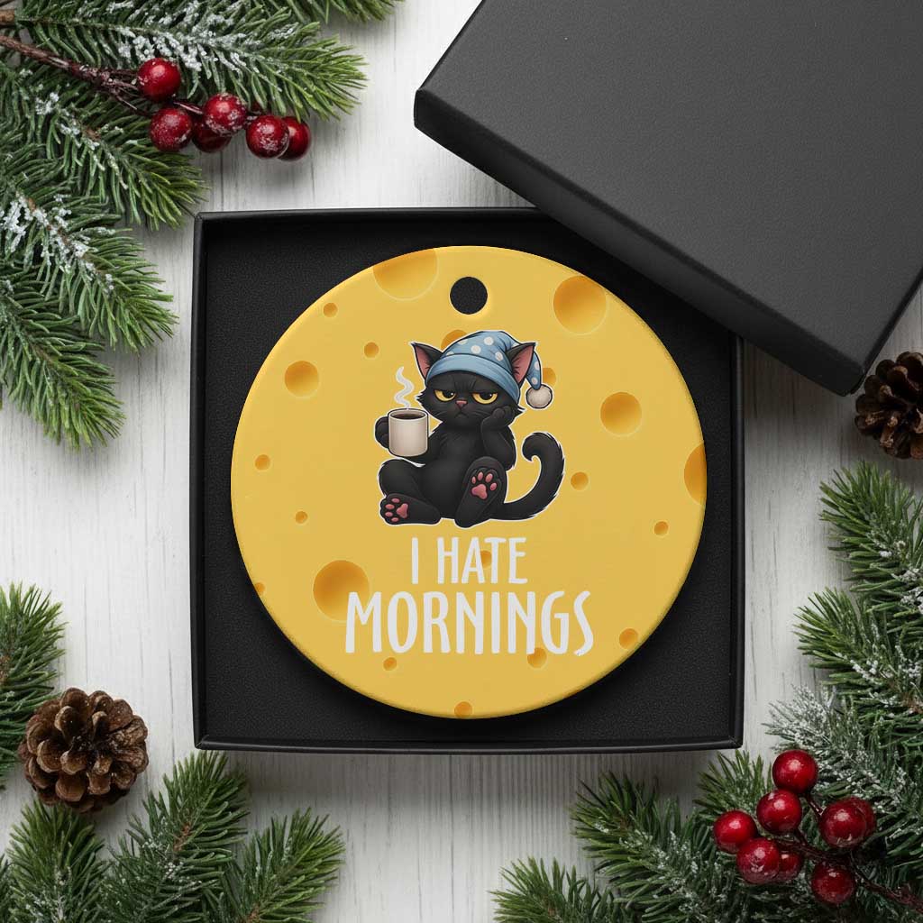 Funny I Hate Mornings Ceramic Ornament Cute Lazy Cat Drink Coffee - Wonder Print Shop