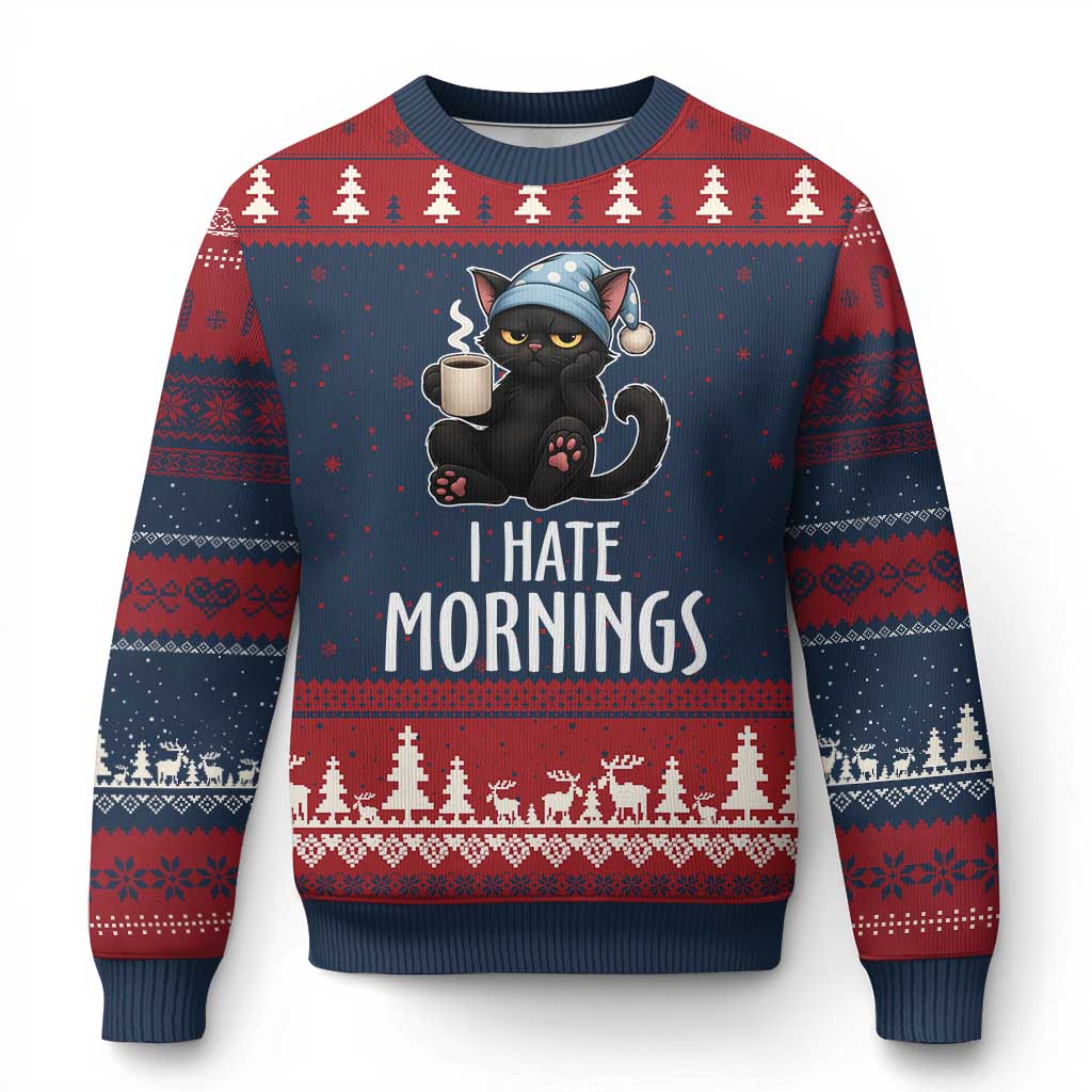 Funny I Hate Mornings Ugly Christmas Sweater Cute Lazy Cat Drink Coffee - Wonder Print Shop