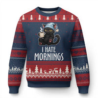 Funny I Hate Mornings Ugly Christmas Sweater Cute Lazy Cat Drink Coffee - Wonder Print Shop