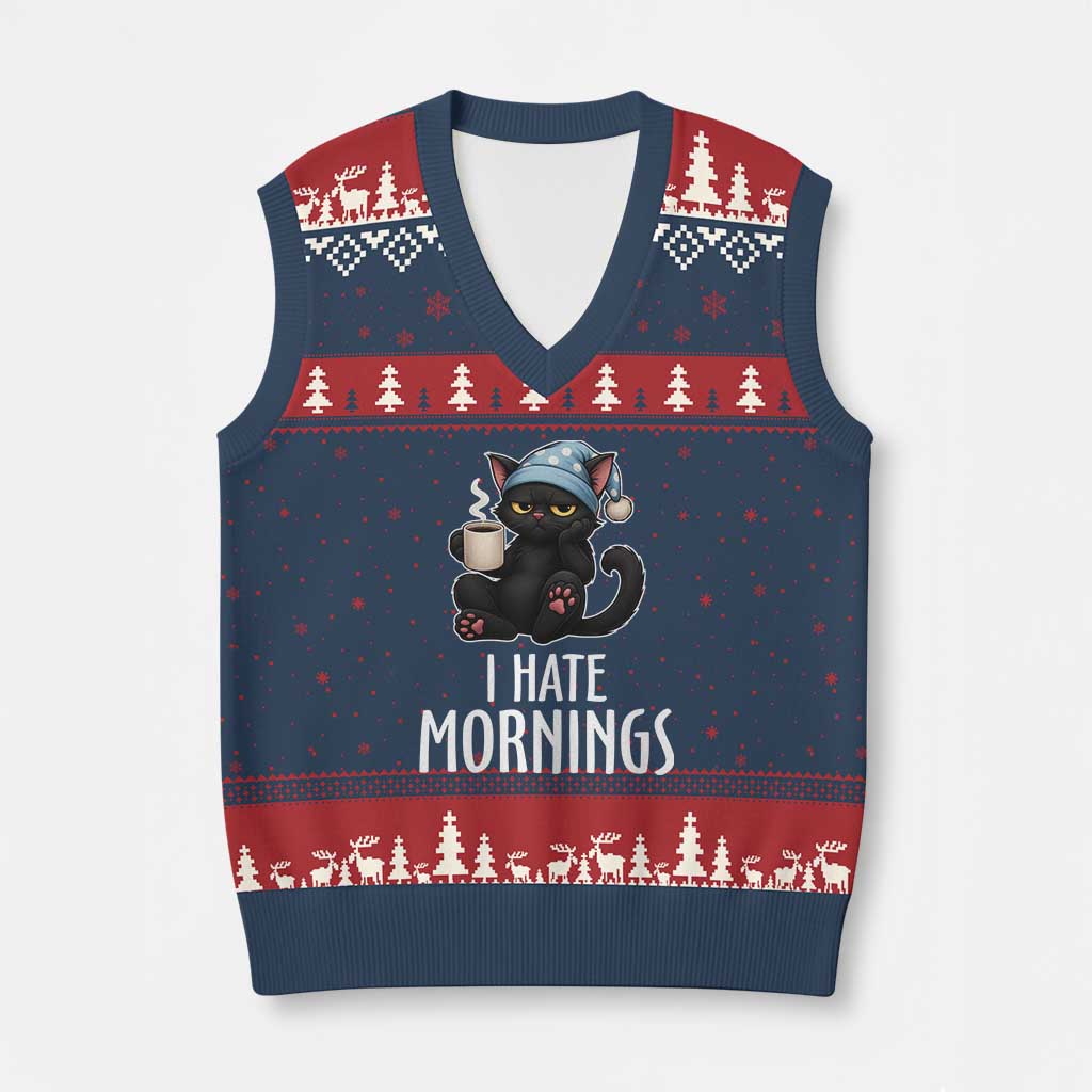 Funny I Hate Mornings V-Neck Knit Sweater Vest Cute Lazy Cat Drink Coffee - Wonder Print Shop
