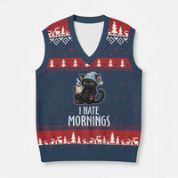 Funny I Hate Mornings V-Neck Knit Sweater Vest Cute Lazy Cat Drink Coffee - Wonder Print Shop