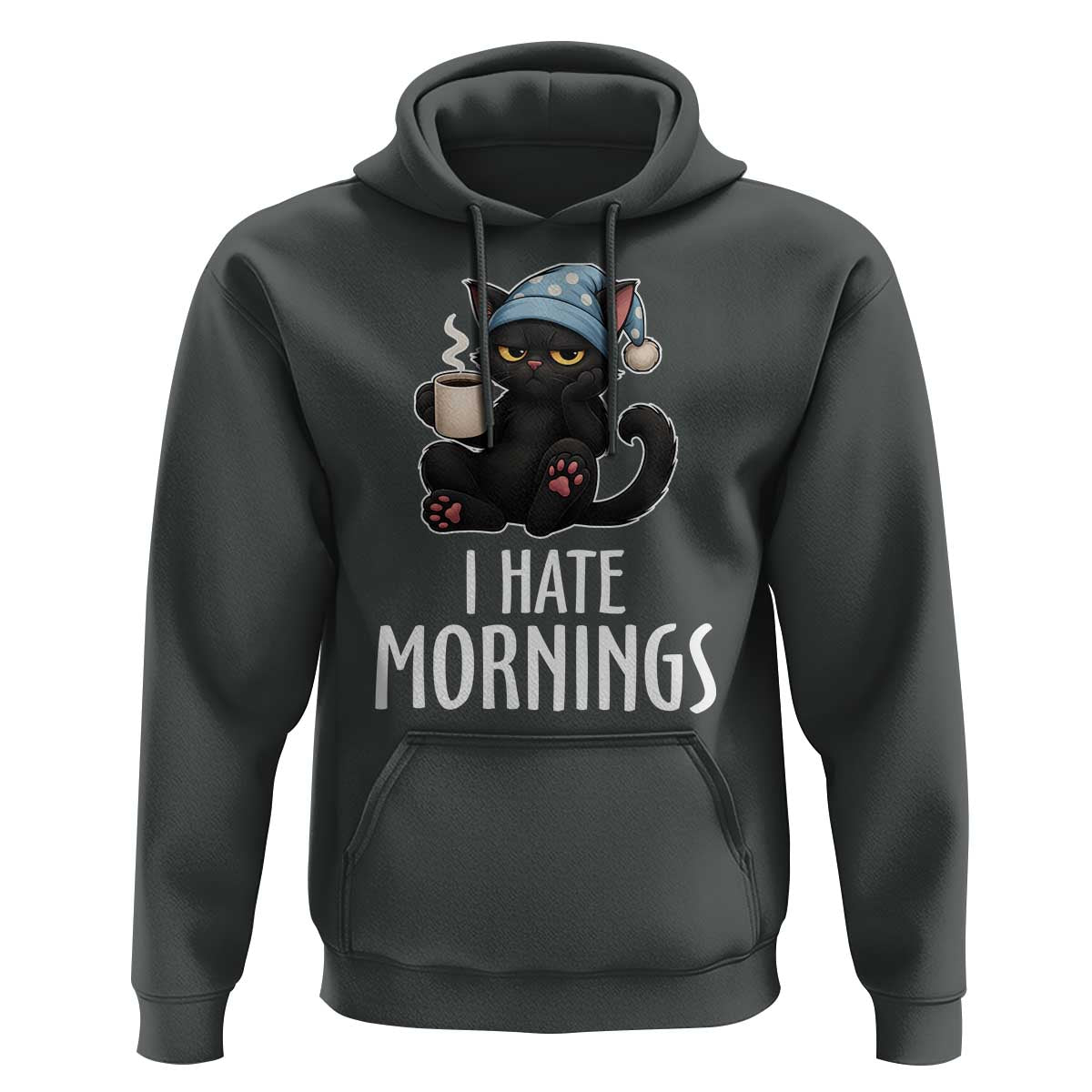 Funny I Hate Mornings Hoodie Cute Lazy Cat Drink Coffee - Wonder Print Shop