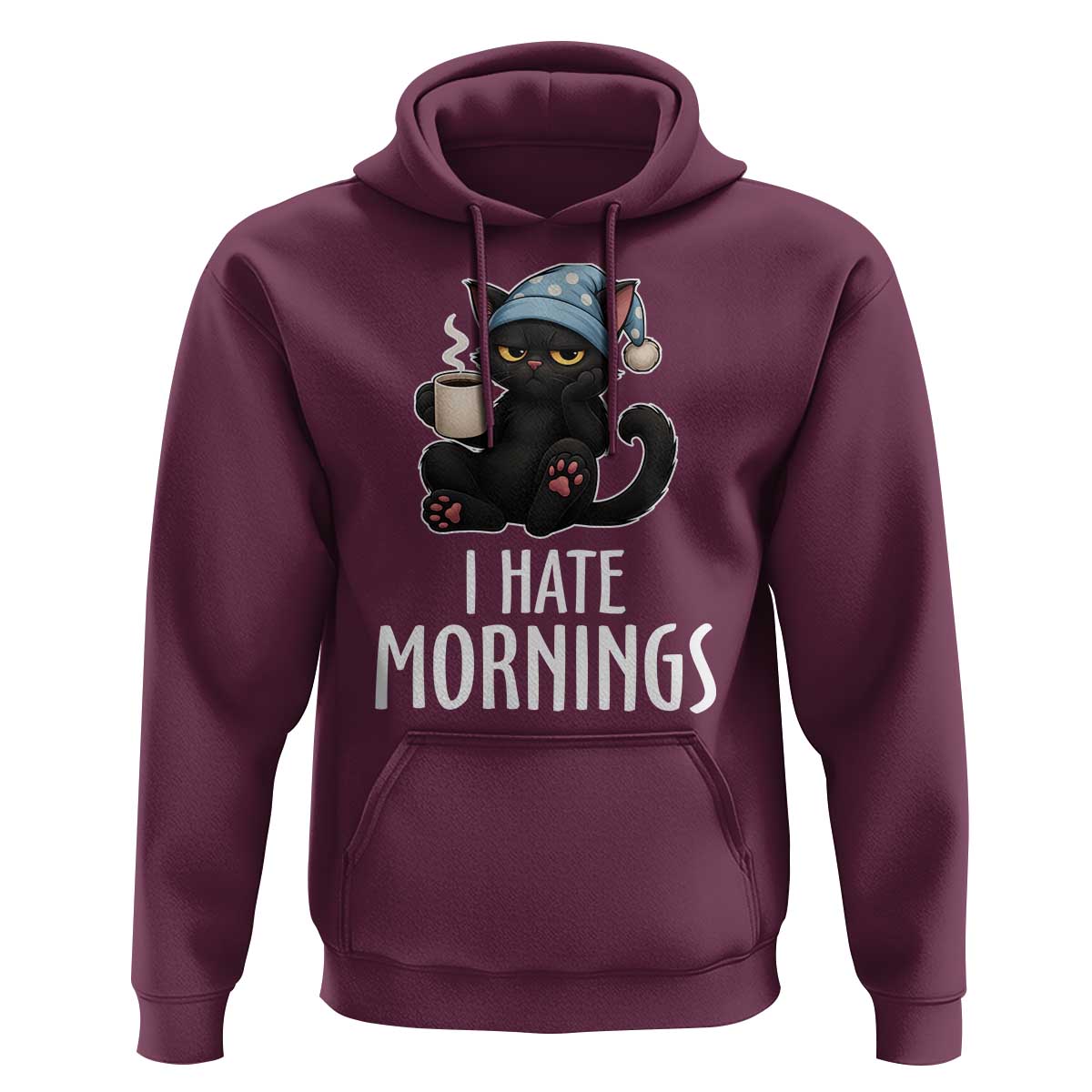 Funny I Hate Mornings Hoodie Cute Lazy Cat Drink Coffee - Wonder Print Shop