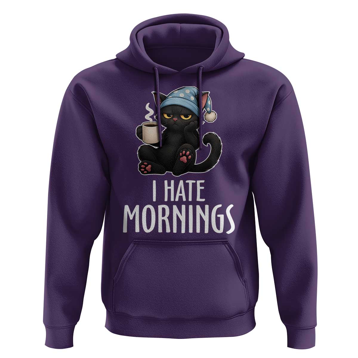 Funny I Hate Mornings Hoodie Cute Lazy Cat Drink Coffee - Wonder Print Shop
