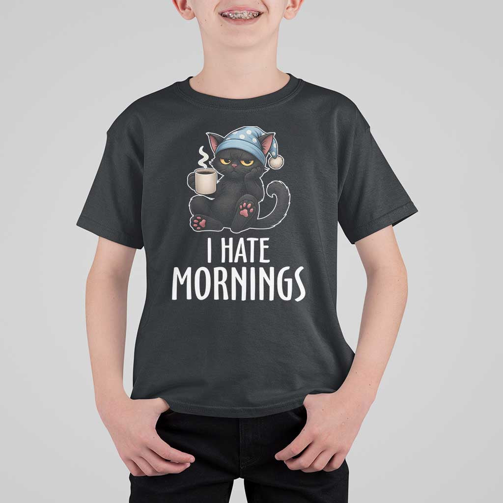 Funny I Hate Mornings T Shirt For Kid Cute Lazy Cat Drink Coffee - Wonder Print Shop