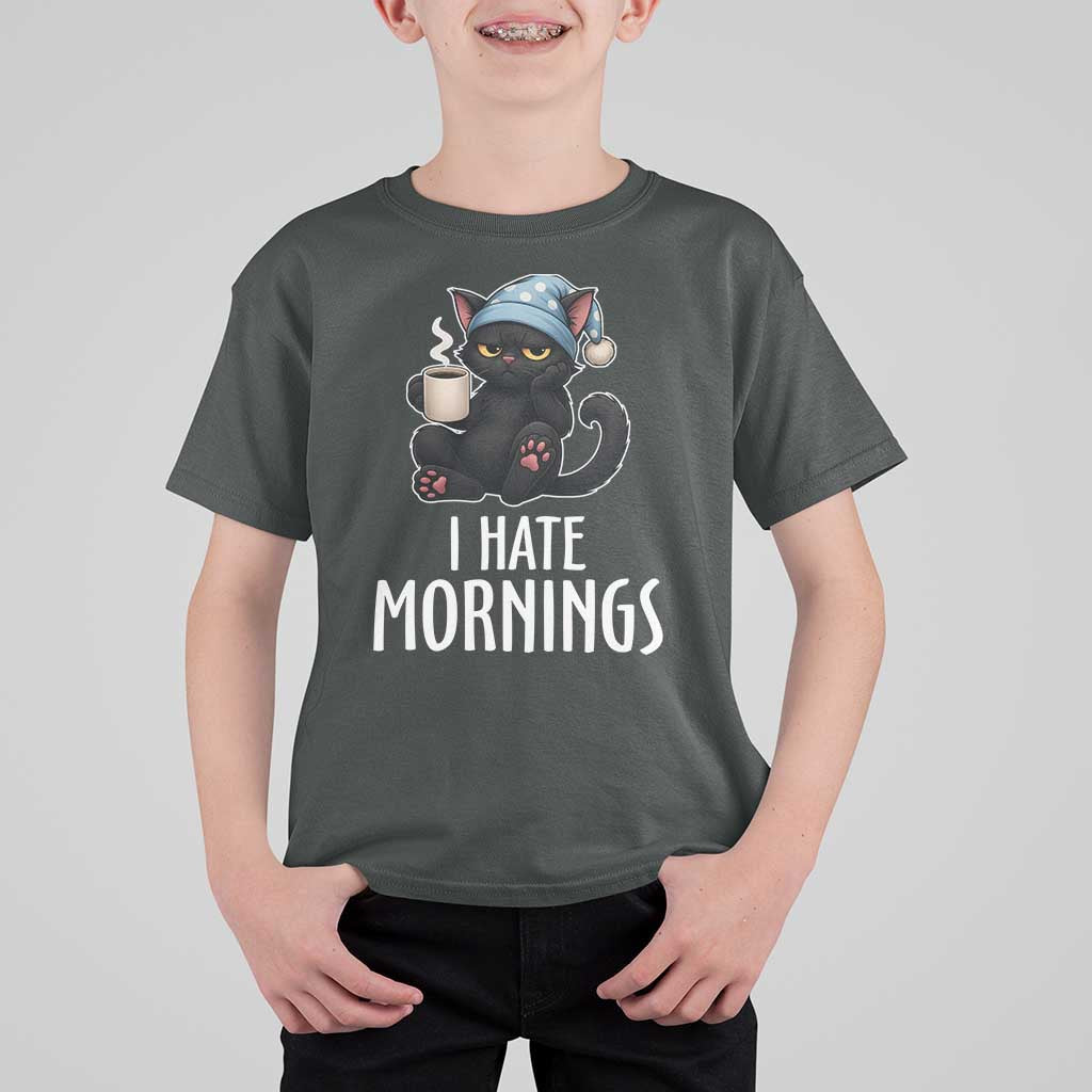 Funny I Hate Mornings T Shirt For Kid Cute Lazy Cat Drink Coffee - Wonder Print Shop
