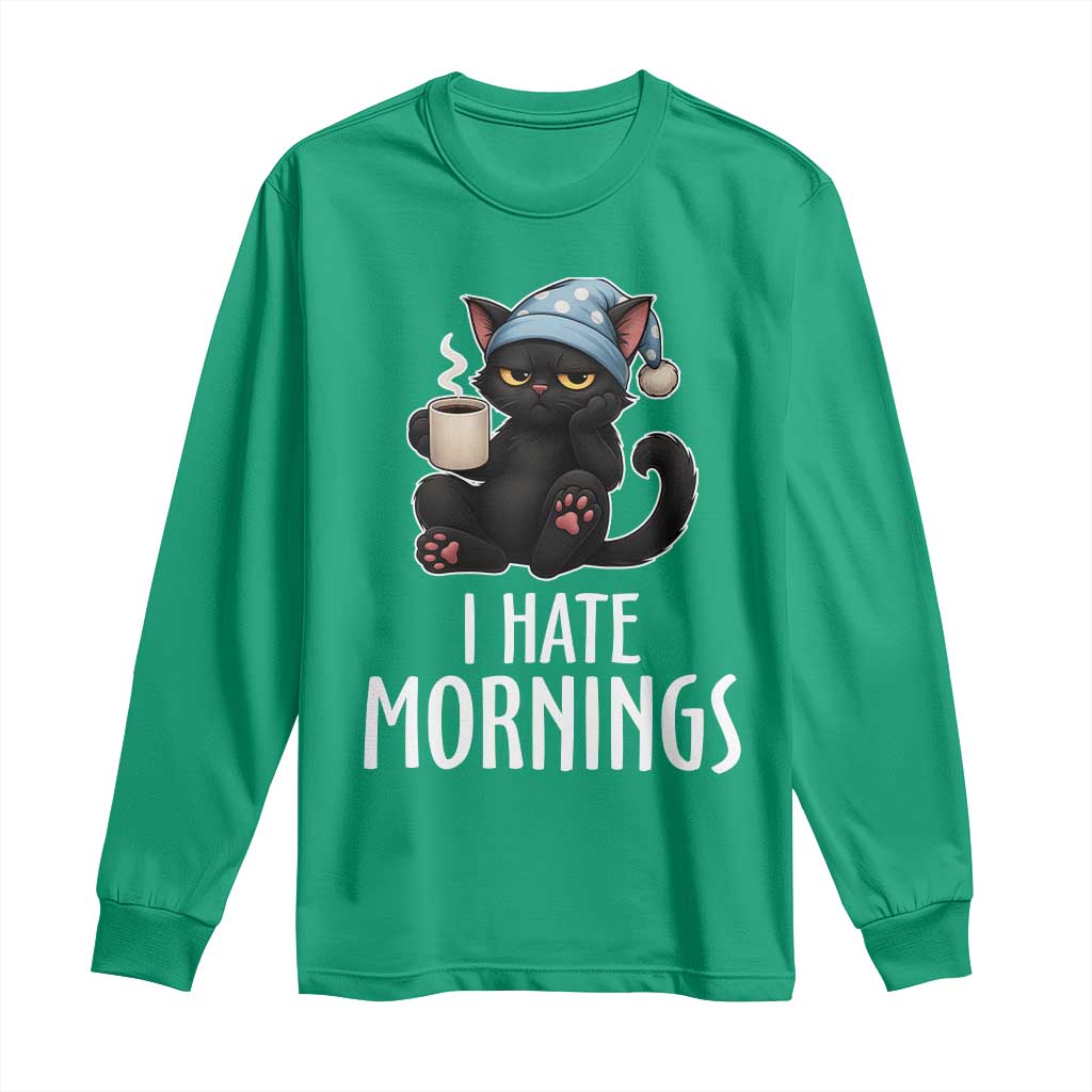 Funny I Hate Mornings Long Sleeve Shirt Cute Lazy Cat Drink Coffee - Wonder Print Shop