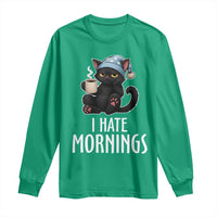 Funny I Hate Mornings Long Sleeve Shirt Cute Lazy Cat Drink Coffee - Wonder Print Shop