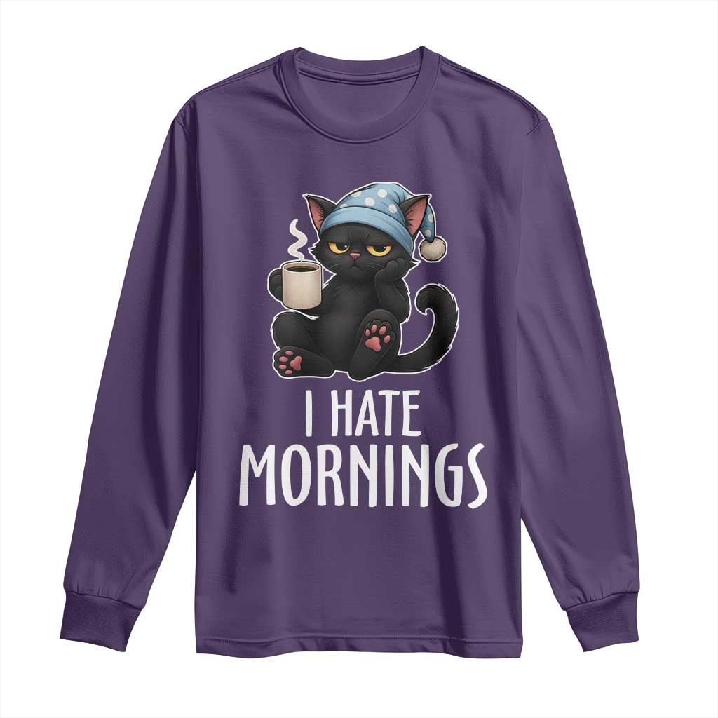Funny I Hate Mornings Long Sleeve Shirt Cute Lazy Cat Drink Coffee - Wonder Print Shop