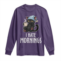 Funny I Hate Mornings Long Sleeve Shirt Cute Lazy Cat Drink Coffee - Wonder Print Shop